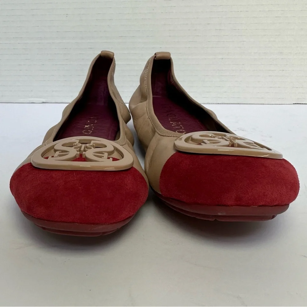 Staccato Women's Tan and Burgundy Ballet Flats w/Logo on Cap Toe- Size 23.5/ 7.5